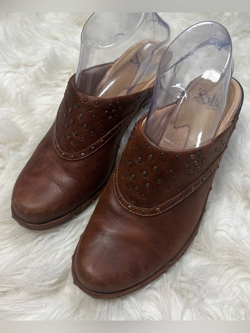 Sofft Brown Leather Studded Mule Heeled Clogs size 7